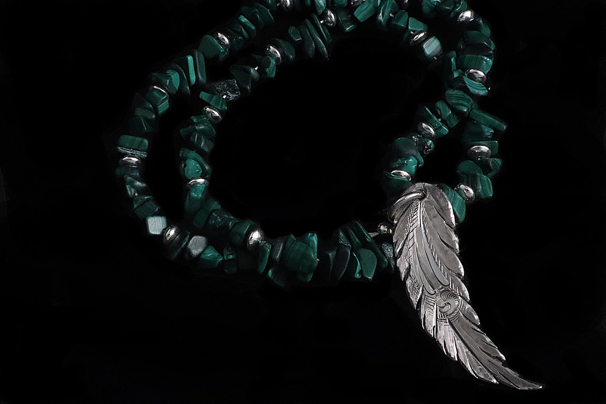 Feather Pendant on Turquoise Chip/Sterling Small Bead Neckpiece