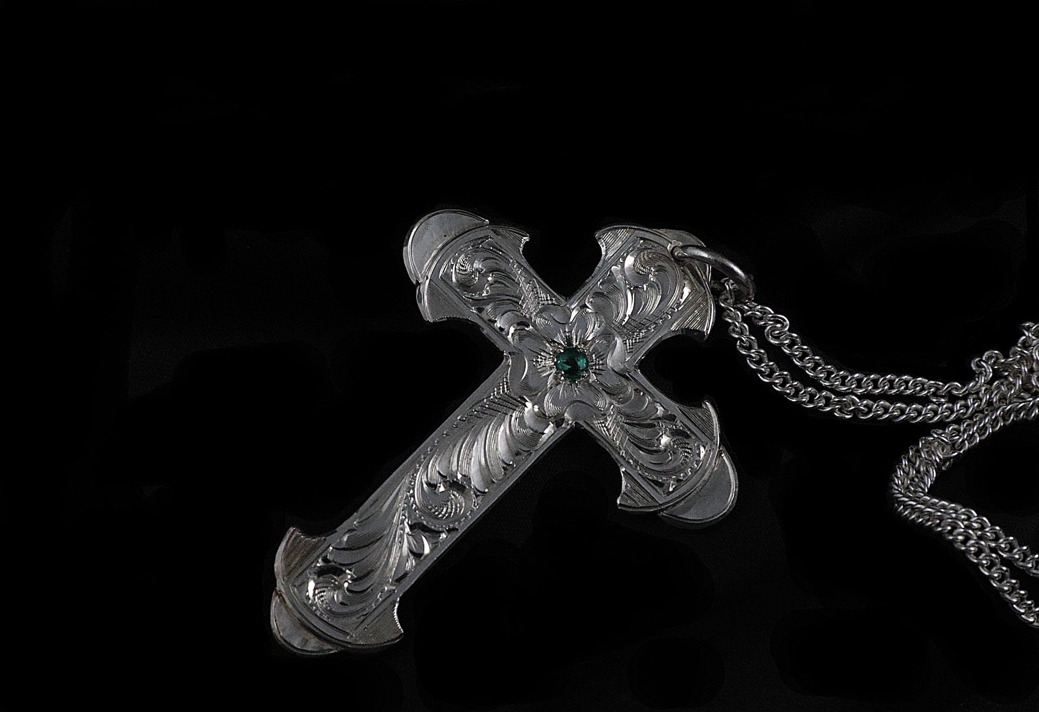 Flared Cross w/ Emerald on Sterling Chain