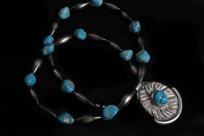 Flower Pendant w/ Kingman Turquoise on Turquoise/Sterling Navajo Pearl Necklace