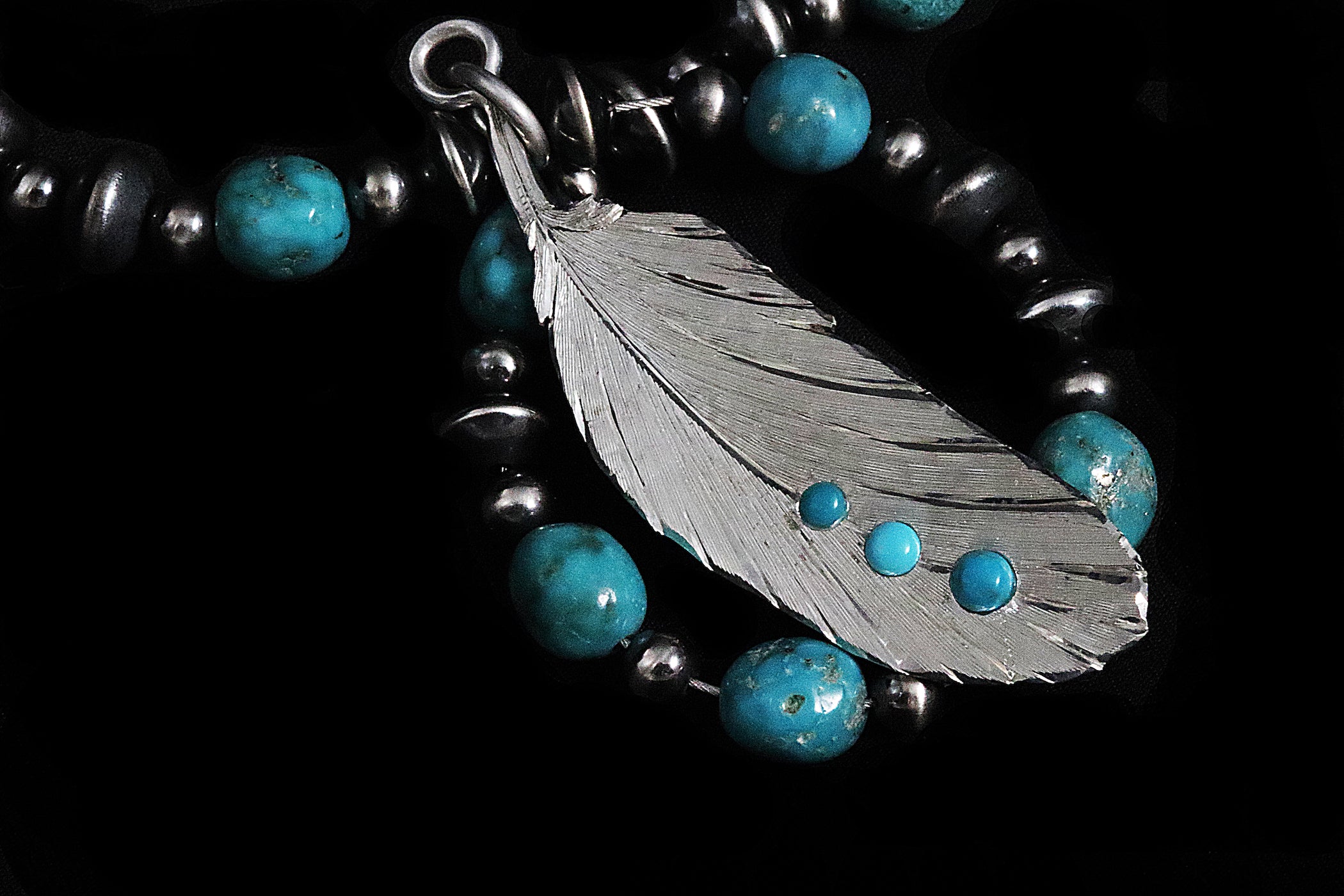 Feather Pendant Set w/ Turquoise Stones on Turquoise and Sterling Neckpiece